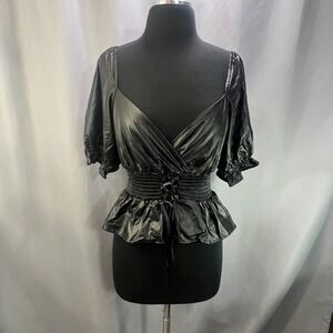 Chocolate Leather Blouse Top Womens Large Black Smocked Waist Puff Sleeve V Neck